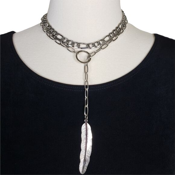 ADORNIA Mixed Chain Feather Lariat Layered Necklace NEW - Picture 3 of 8